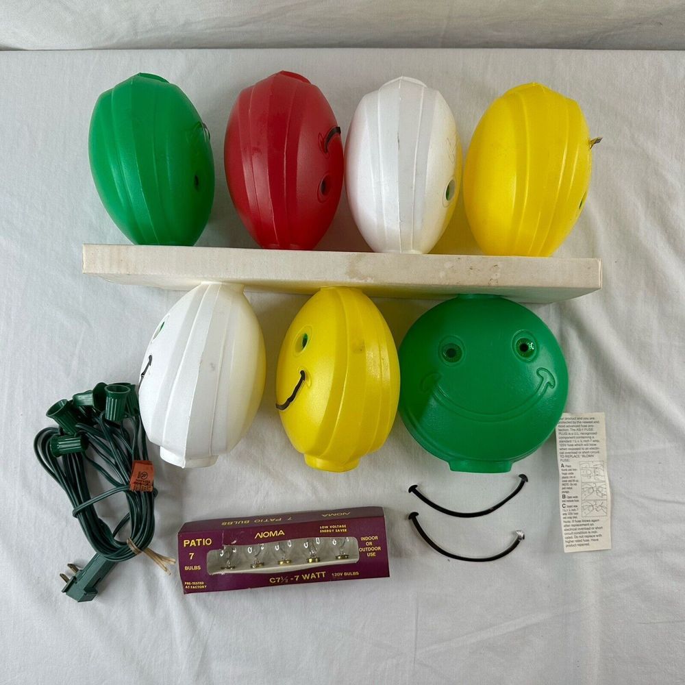 Vtg NOMA‎ 7 Blow Mold Smile Smiley Patio Party Lites Tiki Light String New Old